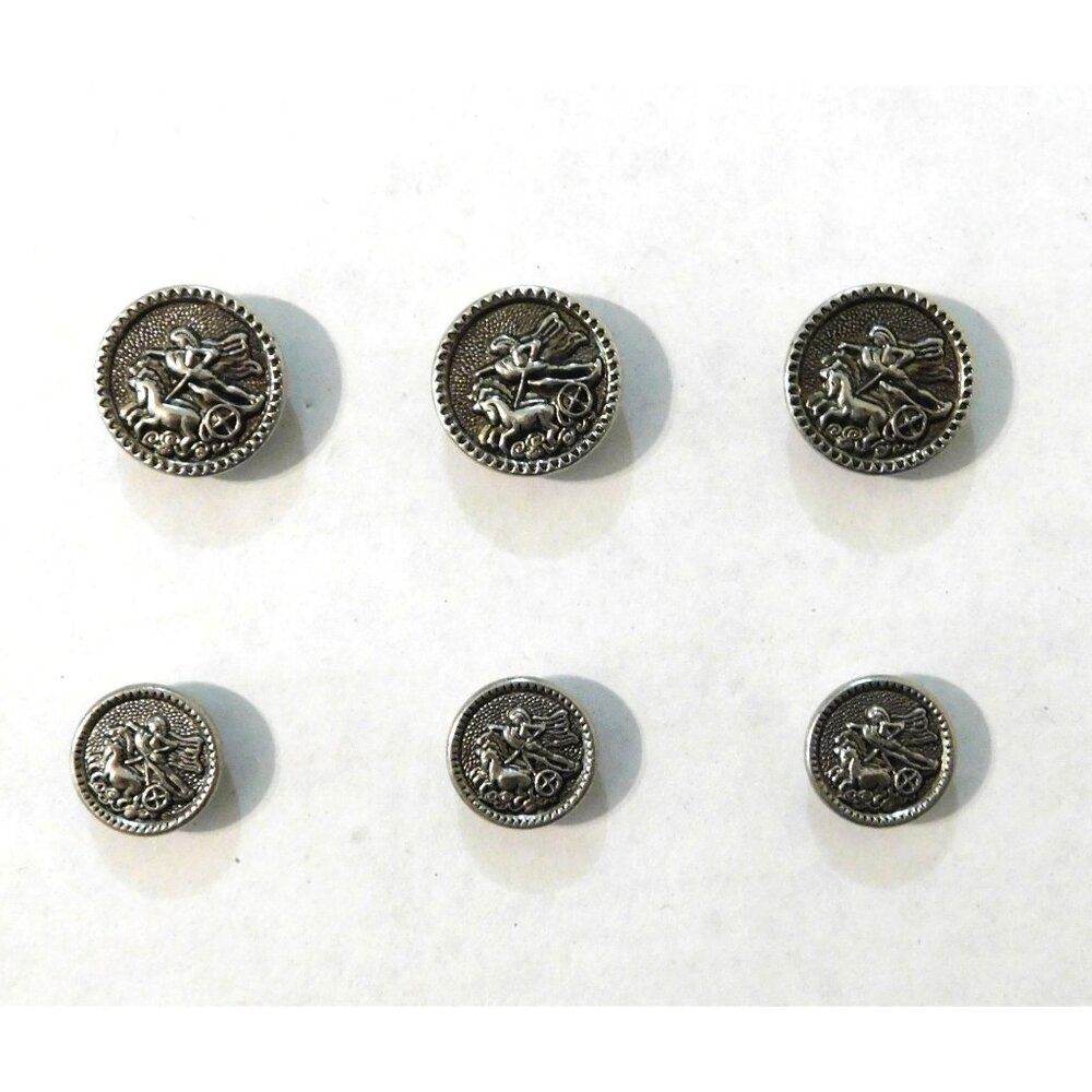 Vintage Silver Horse Chariot Rider Button Set Of 6 Round Metal Shank